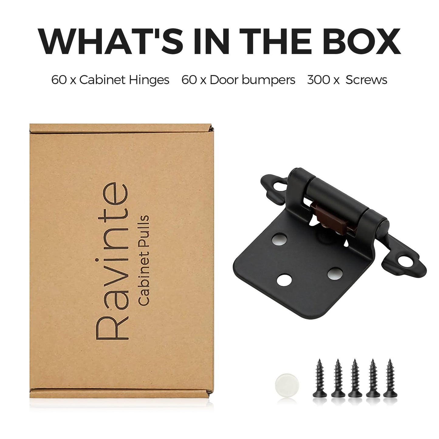 Ravinte 60 Pack (30 Pairs) 1/2" Overlay (Variable) Cabinet Hinges, Self-Closing Semi-Concealed Face Mount, Matte Black Decorative Hardware with Door Bumpers for Kitchen & Cupboard Doors