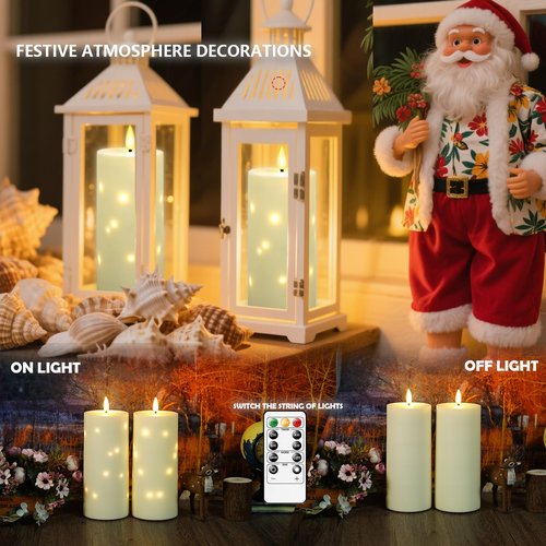 Sasigeiaa Waterproof Outdoor Candles with Timer & Remote - Battery Operated LED Candles, Realistic Flameless Plastic Pillar, Pack of 2 (4" D x 10" H, Ivory) for Patio, Garden Camping Rainy Weather