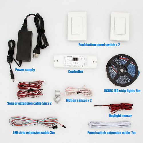 KOMIGAN Motion Sensor with Daylight Sensor LED Stair Light Kit KMG-45, 16.4FT RGB Cuttable LED Strip Light for Indoor Handrail Stair Lights