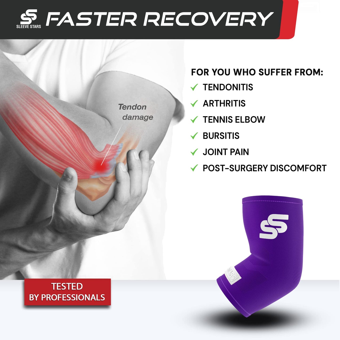 Sleeve Stars Elbow Sleeve for Pain Relief & Protection - Elbow Compression Sleeve for Women & Men - Supportive Elbow Brace for Tendonitis, Recovery & Ideal for Sports, Work (S: 7"-8.5", Dark Purple)