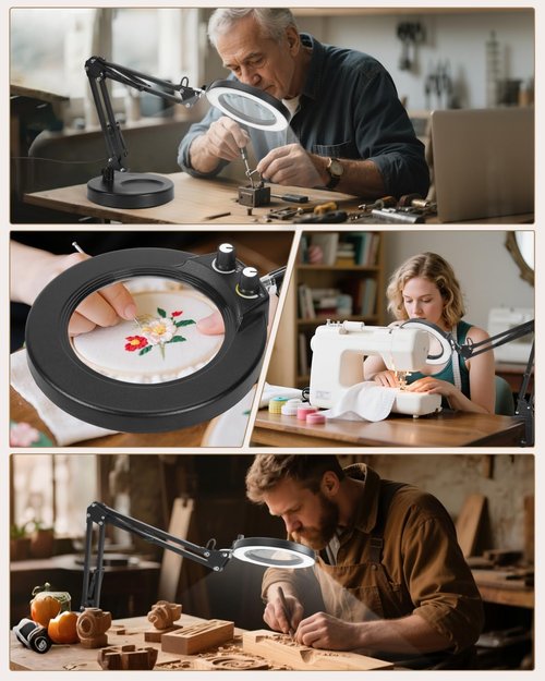 LANCOSC 10X Magnifying Glass with Light and Stand, Switch Knob for Multi-Color Modes Stepless Dimmable, LED Lighted Desk Lamp & Clamp, Hands Free Magnifier for Repair Crafts Hobby Painting Close Work
