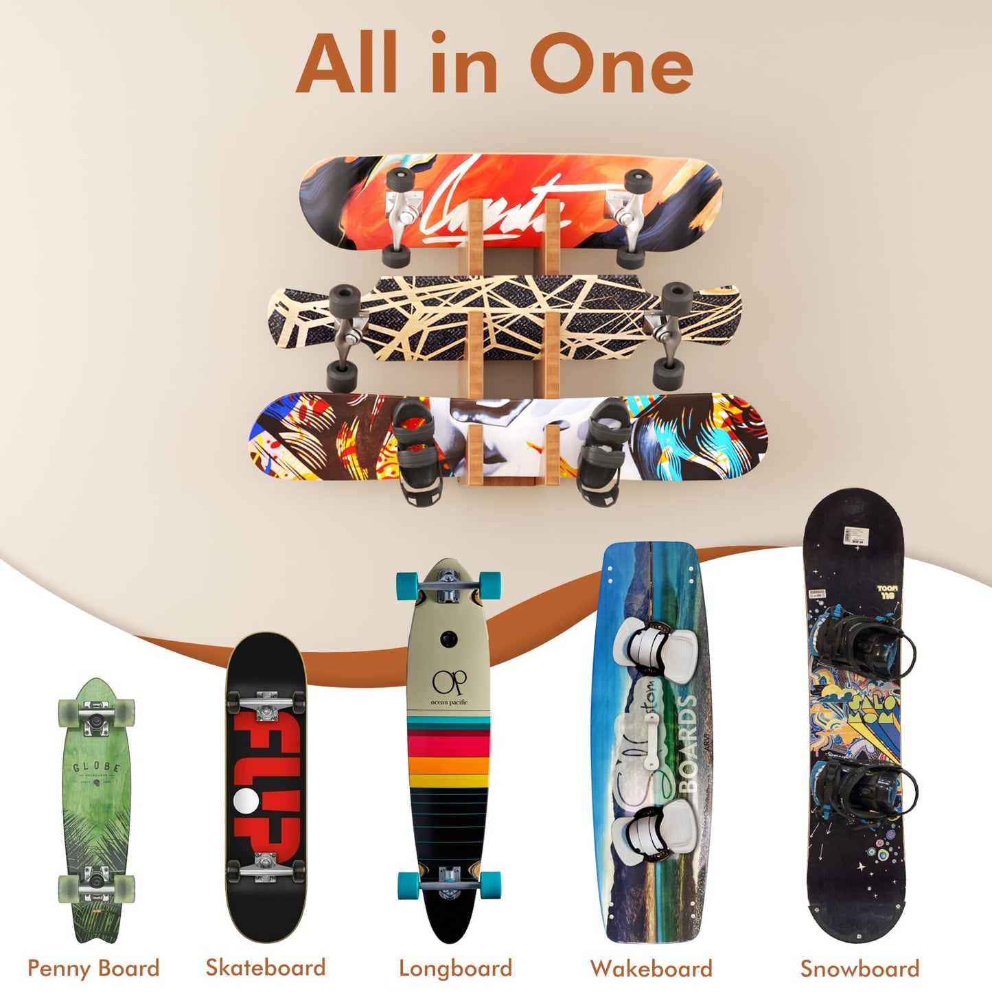 Mihoho Free Standing Skateboard Racks Floor Stand 3-Layer Wooden Skateboard Holder, Snowboard Storage Display Rack, Longboard Kids Skateboard Deck (Walnut)