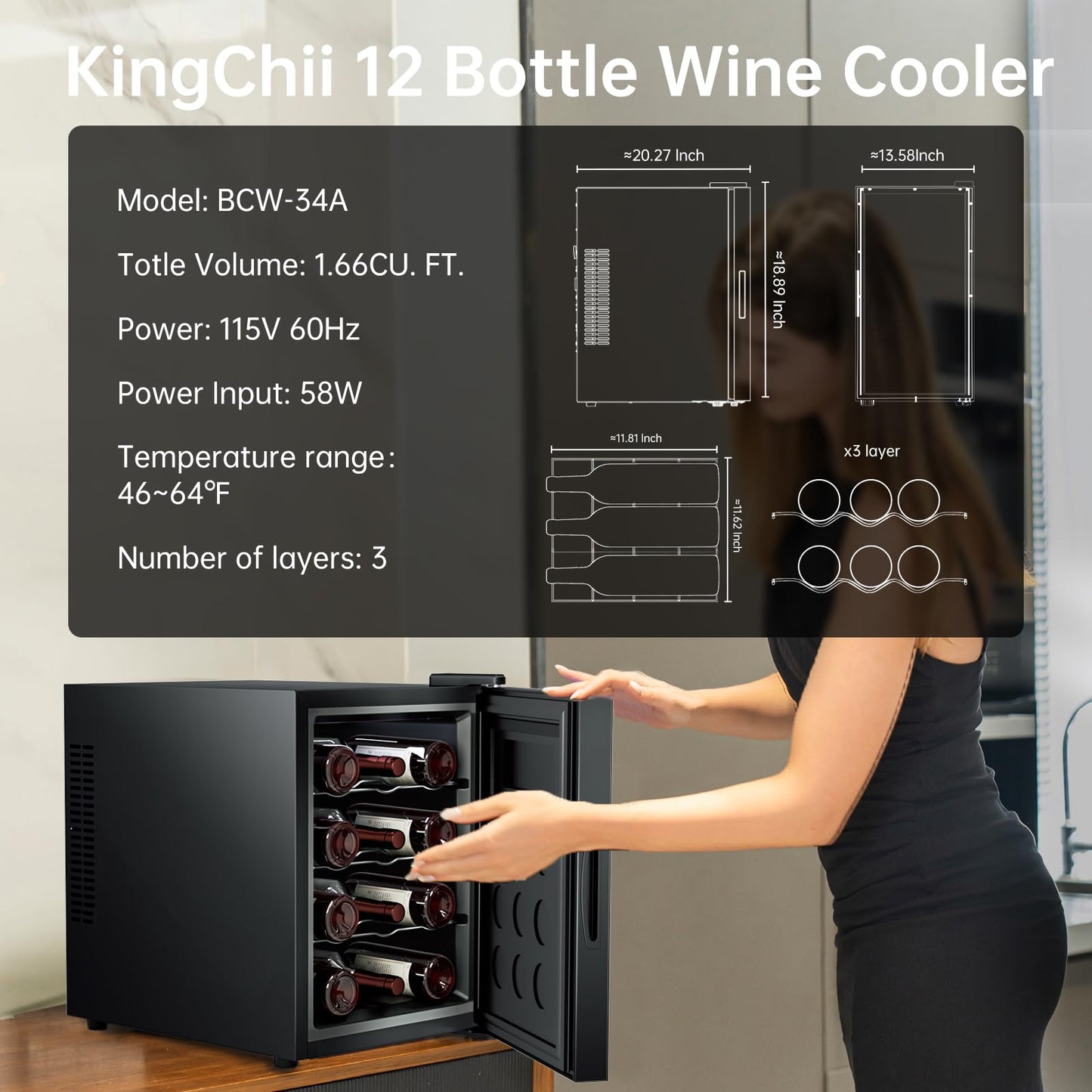 KingChii 12 Bottle Wine Cooler, Freestanding Wine Fridge with Glass Door, Adjustable Shelves & Digital Temperature Display Wine Refrigerator for Red, White, Champagne - Perfect for Home, Kitchen, Bar