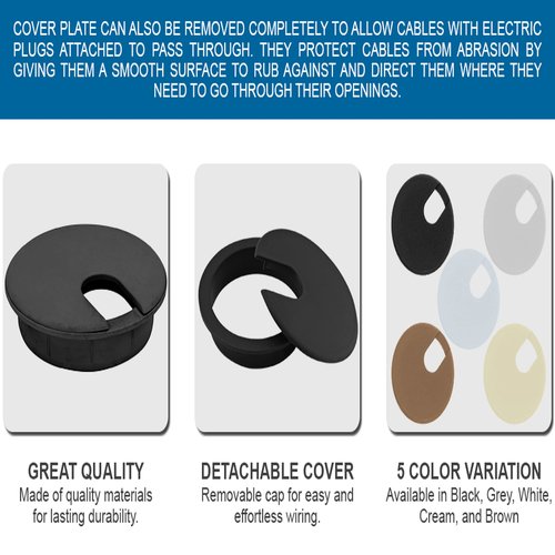 5 Pack Rok Hardware 3" (76mm) Black Round Computer Desk Table Port Wire Cable Cord Organizer Hole Cover Grommet, ROKRG3BLK