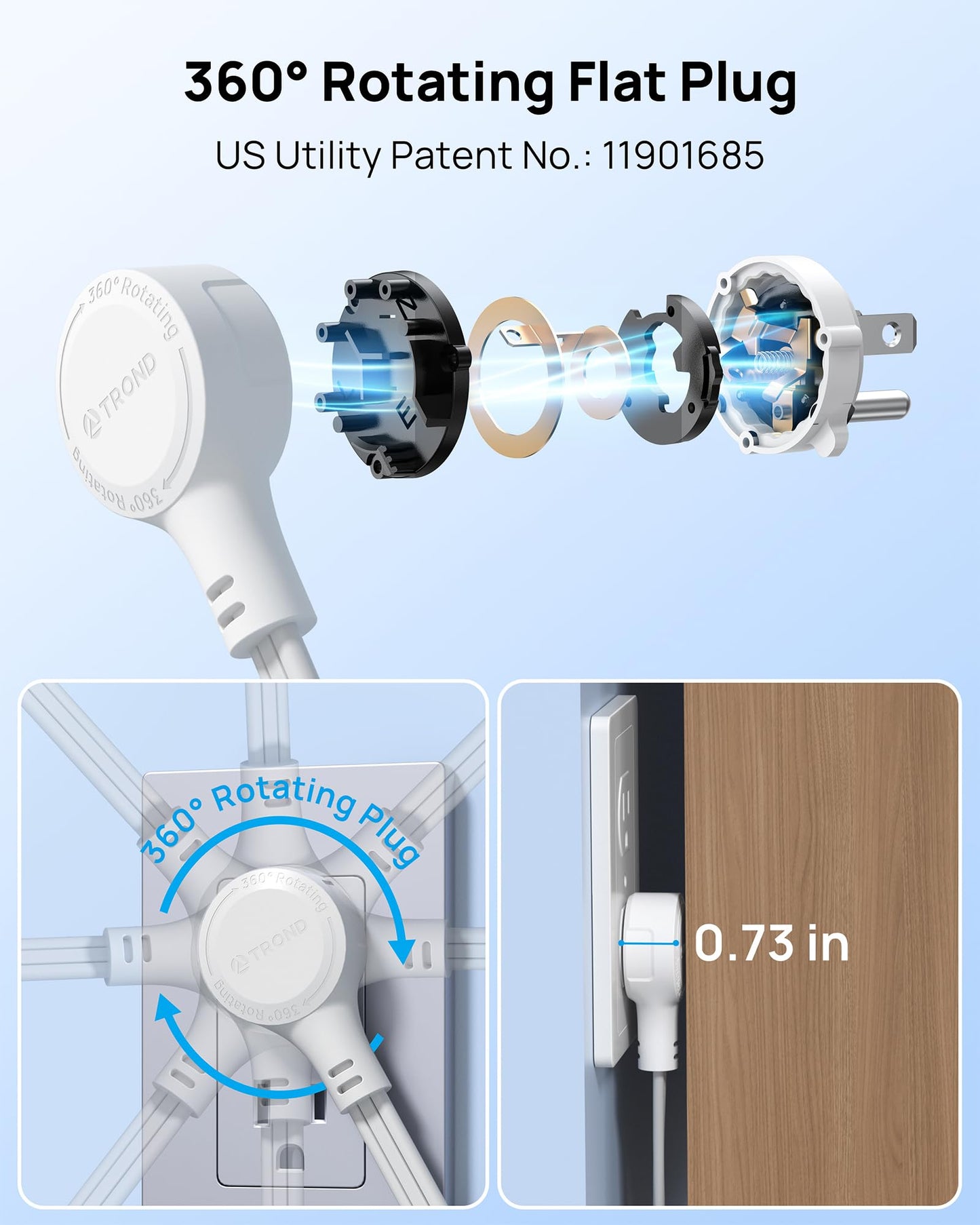 TROND 360° Rotating Flat Plug Power Strip, 5FT Extension Cord with 4 USB Ports, 4 Wide Spaced AC Outlets, Wall Mount, 900J Surge Protector for Office Travel Dorm Room Essentials, White
