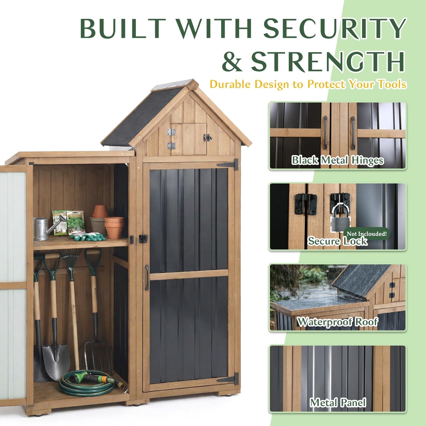 Outdoor Storage Cabinet Weatherproof with 3 Adjustable Shelves, 66'' H Wood & Metal Storage Shed with Lockable Doors & Waterproof Roof, Outside Garden Tool Sheds, Brown