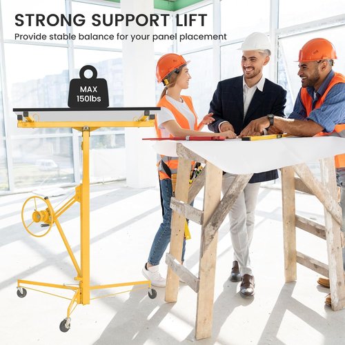 Elevon 11FT Drywall Lift Panel Hoist Jack Lifter, 150LBS Heavy Duty Sheetrock Lift, Rolling Caster Wheels, Lockable Construction Tools, Adjustable Telescopic Arm, Yellow