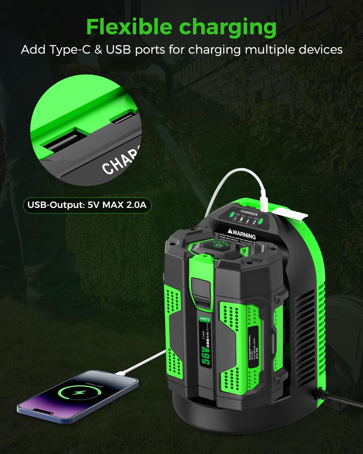Aoasur Replacement for EGO 56V Battery Charger Compatible with EGO 56V Battery BA1400T BA2242T BA2800T BA3360T - for EGO Power+ CH3200 CH5500 CH2800(Green)