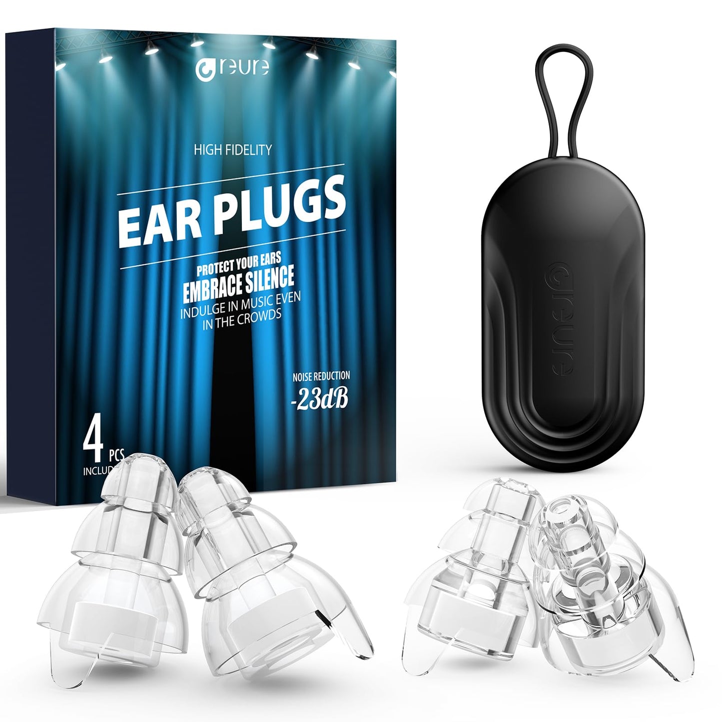 Reure High Fidelity Concert Ear Plugs, Noise Cancelling Silicone Ear Plugs 2 Pairs Great for Concerts Loud Music, Musicians, Motorcycles, Airplanes, Raves, Hearing Protection -23 dB