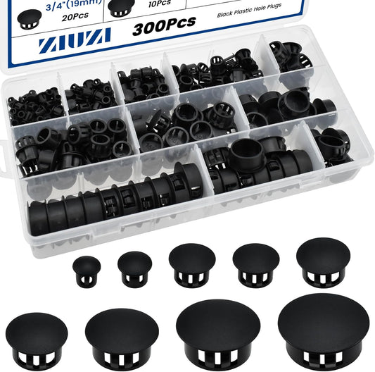300 Pcs Black Plastic Hole Plugs, 9 Sizes Round Drill Screw Hole Plugs Covers 3/16" 1/4" 5/16" 3/8" 1/2" 5/8" 3/4" 7/8" 1" for Kitchen Cabinet Furniture Insert End Caps