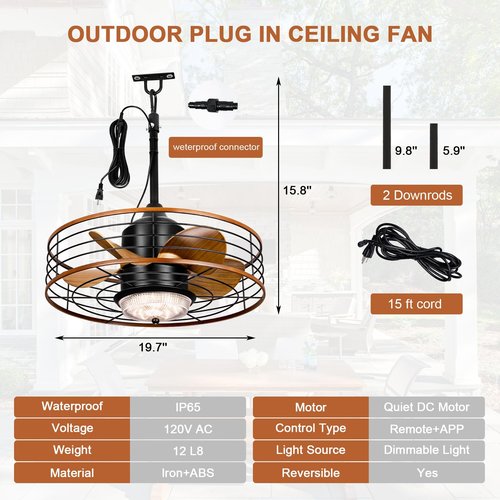 20" Outdoor Ceiling Fan with Light for Patios Waterproof Caged Gazebo Fans Outdoor Hanging Lighting with Plug-in Cord, Dimmable LED, Remote APP Control, 6 Speeds for Pergola Porch Gazebo (Brown)
