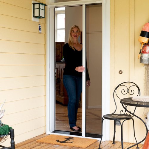 LARSON Brisa Single Black Retractable Screen Door with EZ-Glide, Roll Up Screen Door Fits 80-in Tall x 32-in to 36-in Wide Front Doors