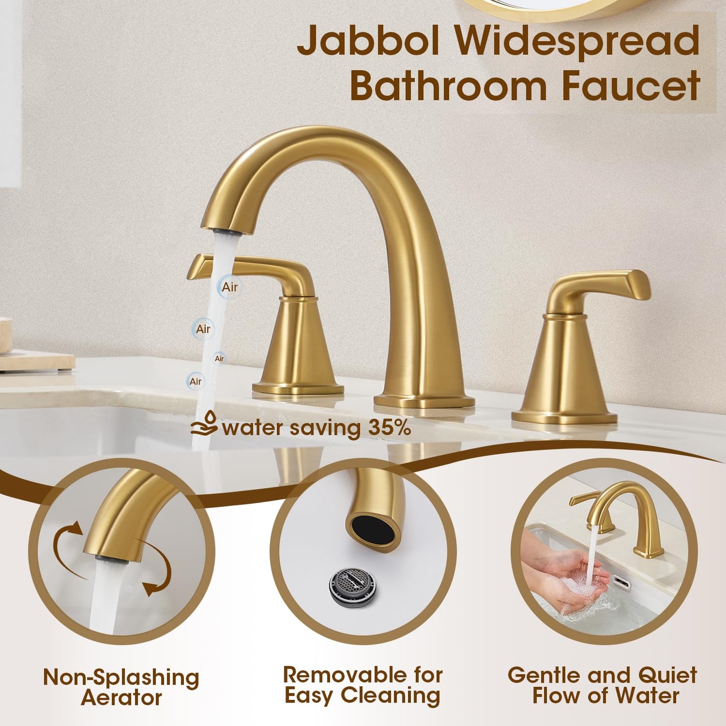 JABBOL Gold Bathroom Faucet,Brushed Gold Bathroom Faucet,Brass Sink Faucets,Bathroom Faucet 3 Hole Brushed Nickel，with Pop Up Drain Supply Hose for Vanity,Lavatory RV Farmhouse