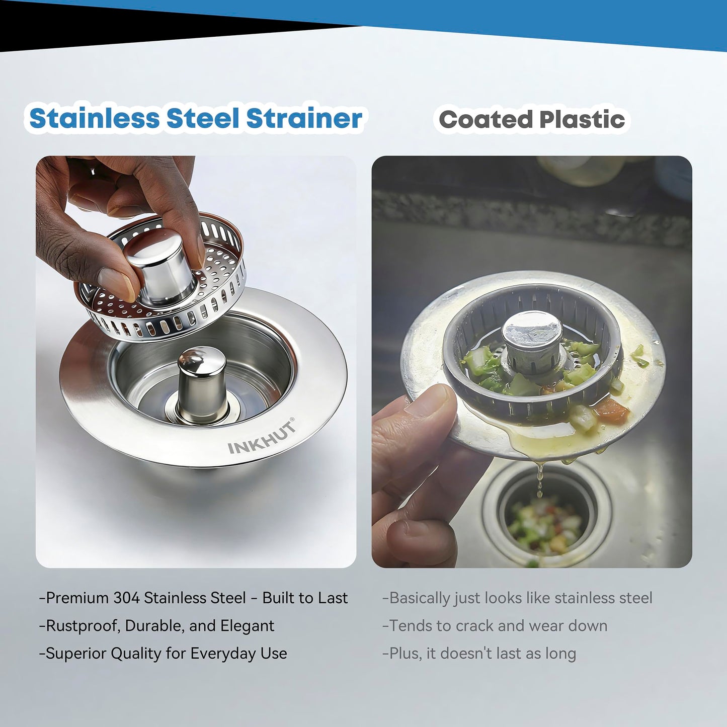 Upgraded 3 in 1 Kitchen Sink Drain Strainer - Stainless Steel Sink Stopper, Anti-Clogging Food Catcher Basket, Sink Bounce Core Drain Strainer Plug for US Standard 3 1/2 inch Drain (Mirror Silver)