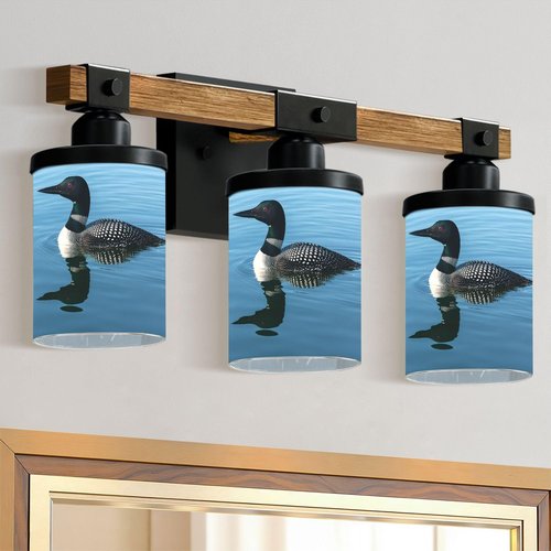 3-Light Bathroom Light Fixtures Common Loon Minnesota Lake Bathroom Vanity Light with Glass Shade Wood Wall Sconces Wall Lamp for Mirror Bedroom Living Room