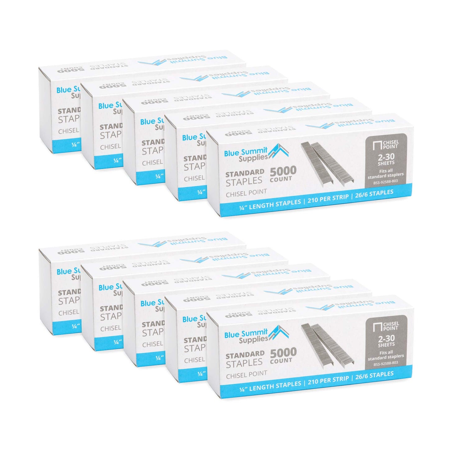 50,000 Staples - 1/4 Inch Length, 210 per Strip, Jam-Free Chisel Point, 10 Boxes of 5,000, Fits Standard Staplers