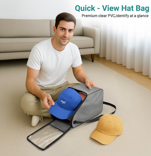 SLEEPING LAMB Hat Storage for Baseball Caps with Clear PVC Window, Hat Travel Case with Adjustable Shoulder Strap, Holds 6-8 Caps Organizer Box for Closet Storage, Grey