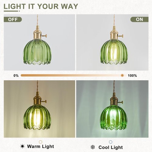 Mini Pendant Lights Kitchen Island 2 Pack, Small Adjustable Pendant Light Fixture with Green Tulip Glass Lampshade, Vintage Gold Pendant Lighting, Pendant Light for Bedroom Dining Room Hallway
