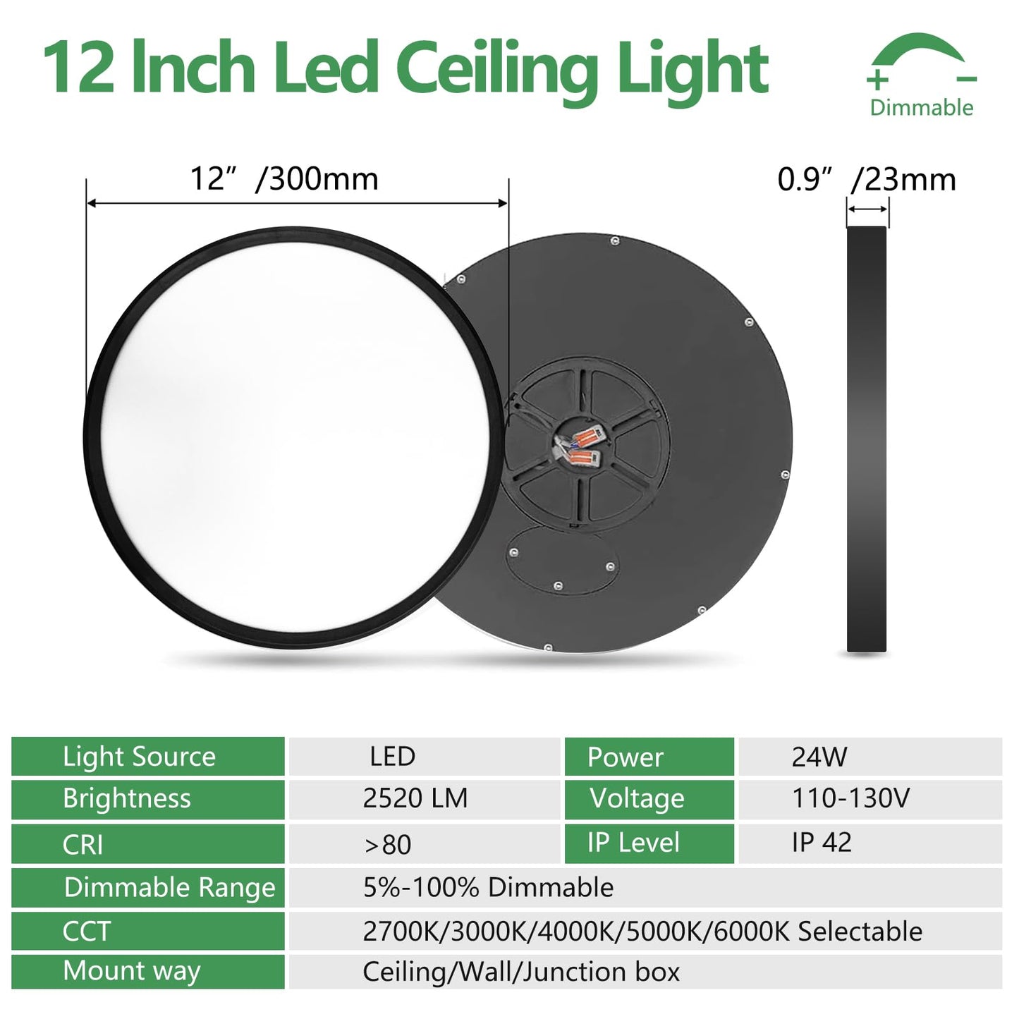 6PK 12 Inch Dimmable LED Flush Mount Ceiling Light,24W, 2520LM, 2700K/3000K/4000K/5000K/6000K CCT Selectable, Round Flat Panel Light Low Profile Ceiling Lamp for Bedroom/Kitchen/Living Room, Black