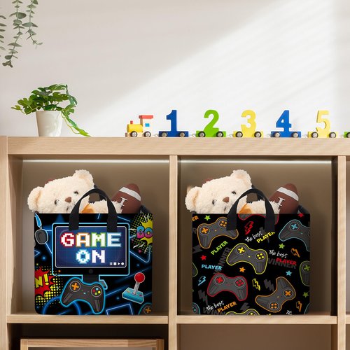 Weysat 2 Pcs Gaming Laundry Basket for Boys Gamer Hamper Video Game Cube Storage Bins with Handles Rectangle Foldable Waterproof Clothes Toys Storage Organizer for Bedroom Bathroom Gamer Room Decor