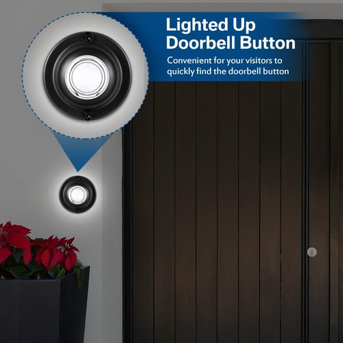 Dreyoo Door Bell Button, Round Metal Doorbell Button Black Wired Lighted Up LED Door Buttons Replacement Solid Iron Doorbell for Home Front Doors, White Light