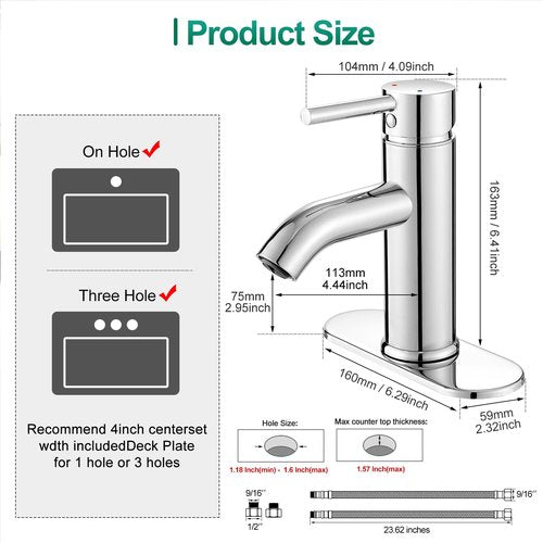 VOTON Modern Bathroom Faucet Chrome Single Handle One Hole Sink Faucet Commercial Lavatory Vanity Sink Faucet with 3/8" Hoses and Deck Plate