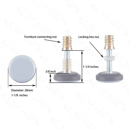 CSFMC Furniture Leveler PTFE(Teflon) Bottom(28mm Base 1/4-20,8 Pack),Threaded Shank Adjust Pads,Table/Chair/Cabinet/Sofa Medium Adjustable Legs Leveling,Nuts Installation and Floor Protection