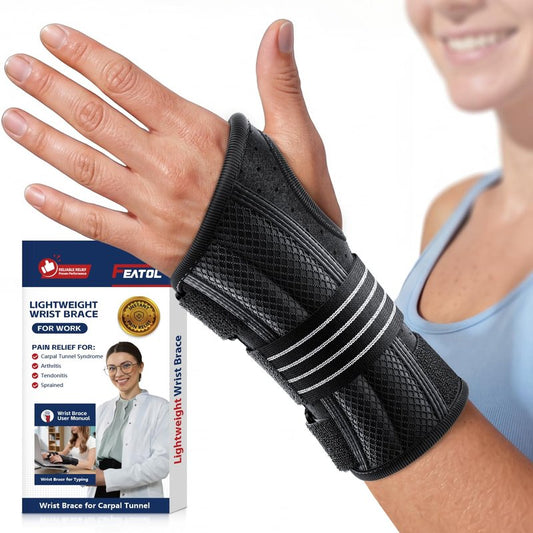 FEATOL Lightweight Carpal Tunnel Wrist Brace for Daily Work, 7 inches Comfortable & Adjustable Night Support for Women Men, Hand Brace With Splint Pain Relief for Tendonitis, Sprains, Arthritis,Left Hand, Medium