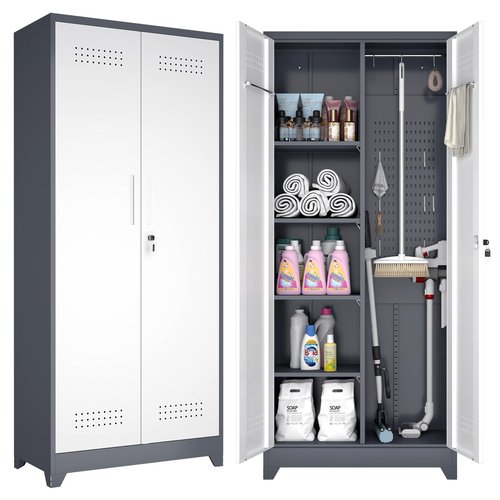 GREATMEET 72.8" H Utility Closet, Broom Closet Storage Cabinet with Adjustable Shelves and Pegboard, Utility Cabinet for Brooms and Mops, Grey-White