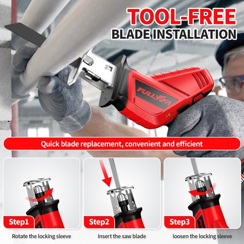 FULLYEA Reciprocating Saw Cordless, 0-3500SPM Power Reciprocating Saw with 2*2000mAh Battery & 4 Saw Blades, Tool-Free Blade Change, Variable Speed Reciprocating Saws for Woods/Metal/Plastic Cutting