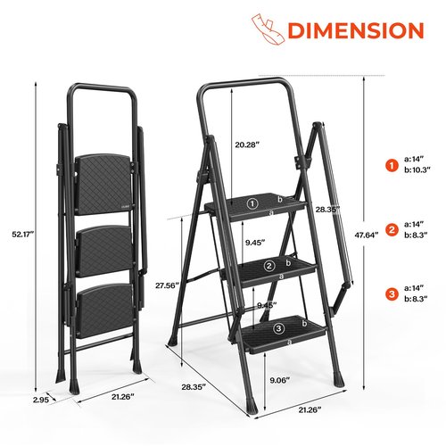 LUISLADDERS 3 Step Ladder with Handrails, Folding Step Stool with Widened Anti-Slip Pedal, 500lbs Lightweight Step Ladder 3 Step Folding, Multi-use for Home Kitchen Pantry Office, Black