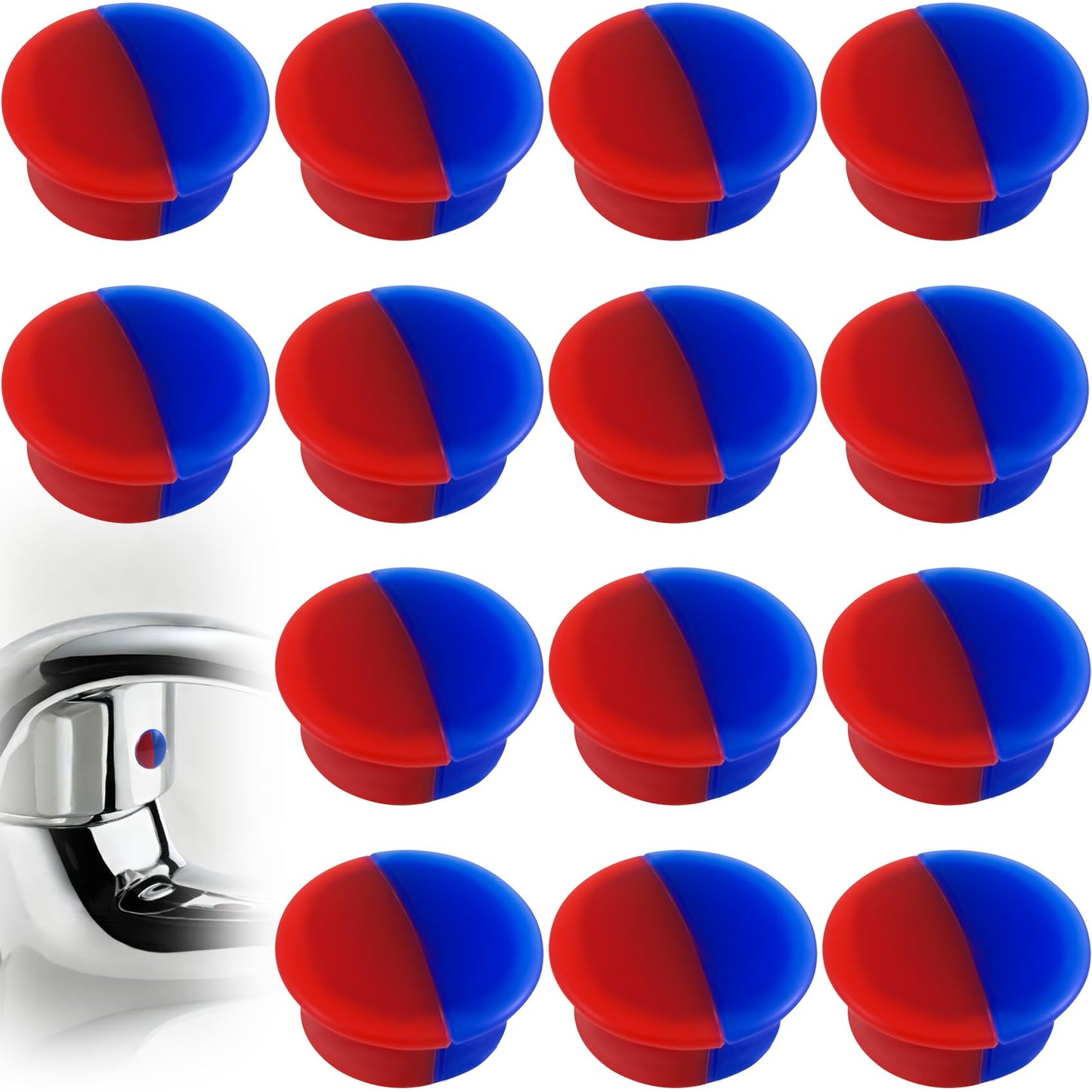 BEIQIYA 12pcs Red & Blue Hot and Cold Faucet Buttons, Faucet Index Buttons for 6.7-7mm Holes, 0.34 Inch Diameter Teperature Sign Replacement Caps for Bathroom Kitchen Shower