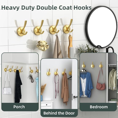 ZUONAI Metal Gold Hooks 2 Pack Brushed Gold Bath Hooks for Towels Heavy Duty Metal Coat Hook for Hanging Coats and Hat Wall Mounted Towel Hanger for Bathrooms Clothing Double Hanger for Bedroom
