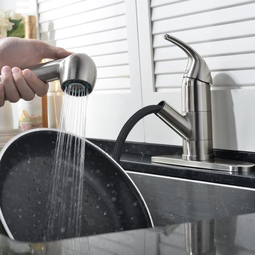 Ufaucet Stainless Steel Kitchen Faucet Brushed Nickel,Small Single Handle Pull Out Kitchen Sink Faucet with Sprayer,Single Hole Low Kitchen Faucets Grifo De Cocina