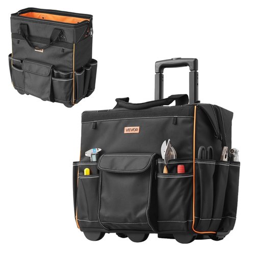 VEVOR 18" Rolling Tool Bag, 110lbs Load Capacity, 25Pockets Heavy Duty Roller Tool Bag w/Adjustable Telescoping Handle & Stable Base, Toolbag Organizers with Wheels for Electrician, Construction