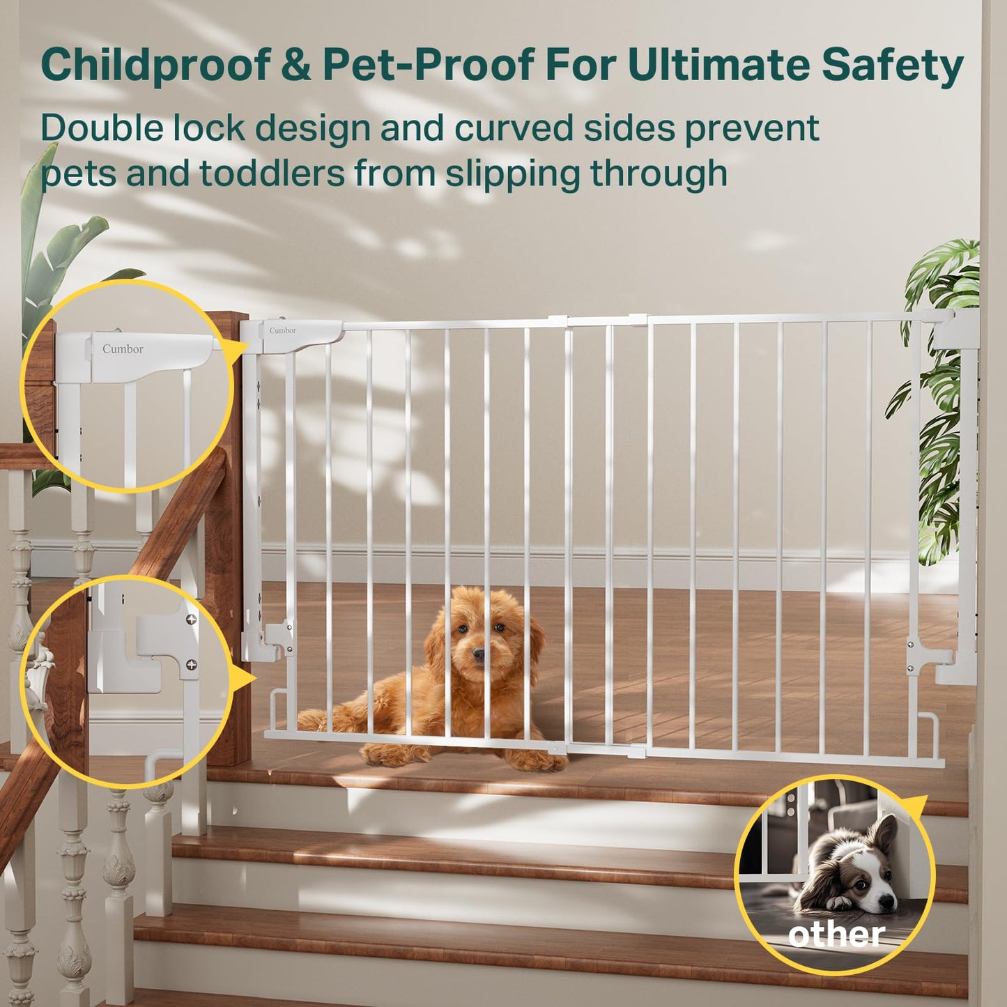 Cumbor Expandable 31.6-48" Baby Gate for Stairs, Hardware Mounted, 2-in-1 No Bottom Bar Dog Gate Indoor, Auto Close Pet Gate for Doorways with Large Walk Thru Door, Child-Proof Gate for Kids (White)