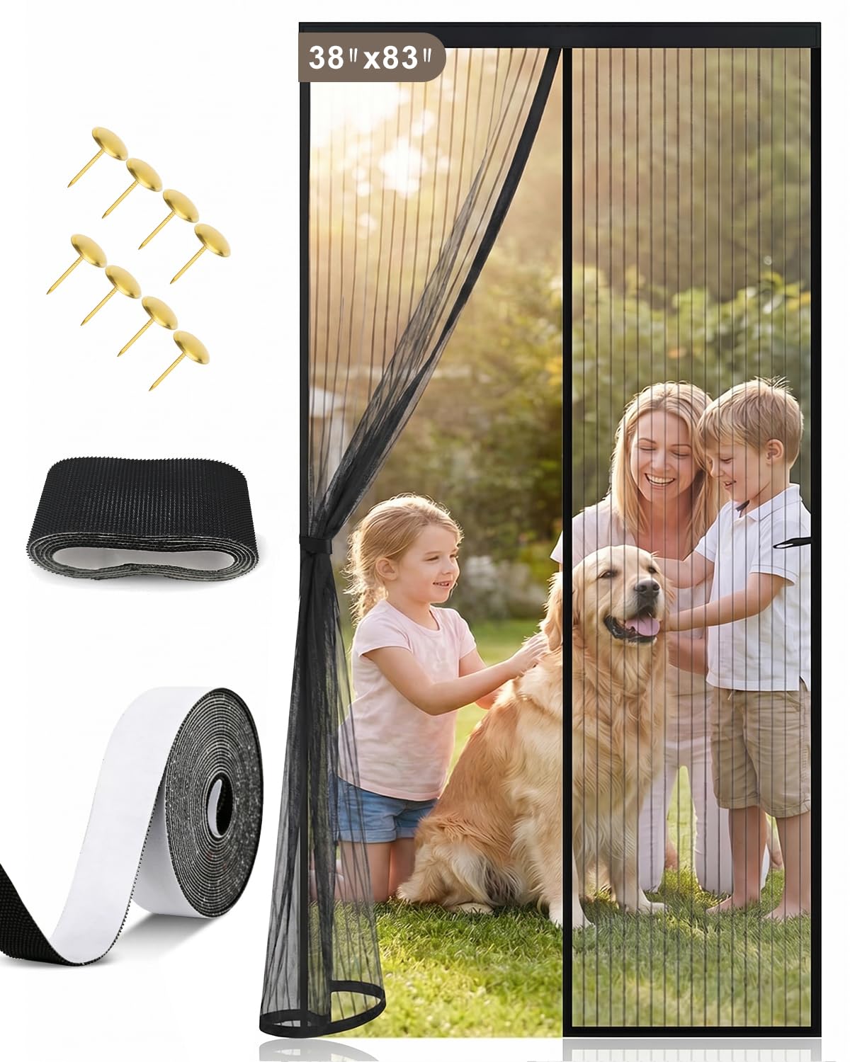 Magnetic Screen Door, Self Sealing & Hands Free Screen Door with Heavy Duty Mesh, Pet & Kid Friendly Screen Door Mesh Keeps Bugs Out, Easy Install with Straps (38"×83" (Fit Door Size 36"×82"))