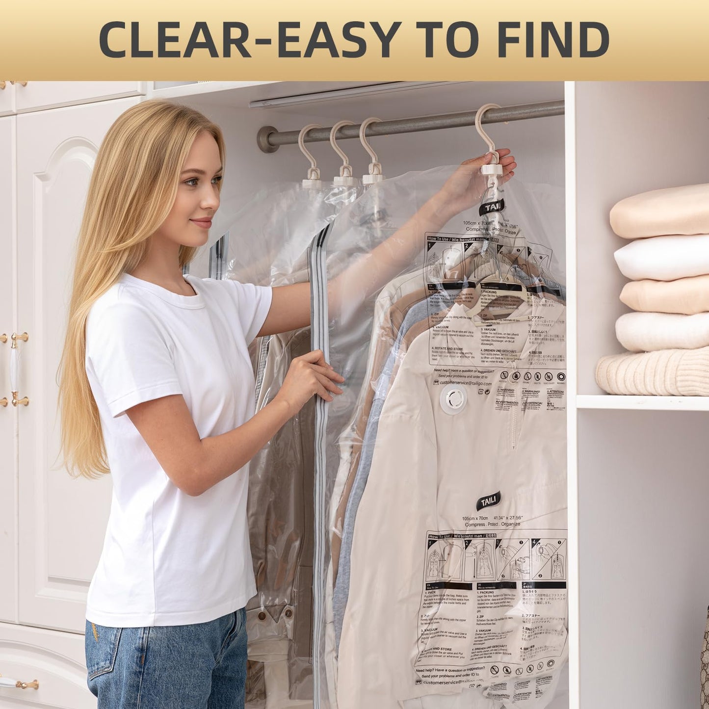 TAILI Hanging Vacuum Storage Sealer Bags Space Saver Bag for Clothing, Suits and Jackets, Closet Organizers, Travel, Set of 4 (2 Long, 2 Short), Clear