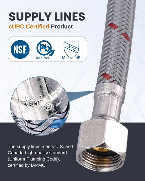 Faucet Supply Lines：WOWOW 16" Length Bathroom Kitchen Faucet Sink Hose with 3/8" Female Compression Thread x M8 Male Connector, Braided Nylon cUPC Water Supply Line 2PCS