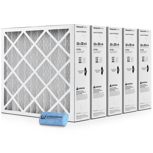Honeywell 16x20x4 Air Filter Replacement MERV 11, FC100A1003 Pleated HVAC AC Furnace Filters with Wholesalehome Cleaning Cloth, 5-Pack (Actual Size: 15.94 x 19.75 x 4.38 Inches)