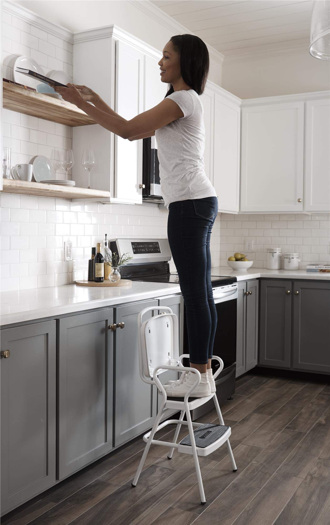COSCO Stylaire Retro Chair + Step Stool with Flip-Up Vinyl Seat, White