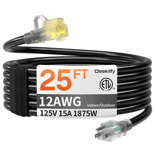 12/3 25 FT Heavy Duty Outdoor Extension Cord Waterproof with Lighted End,Black 12 Gauge Extension Cord Flexible and Cold Resistant 3 Prong Grounded Plug,15Amp 1875W SJTW ETL Listed