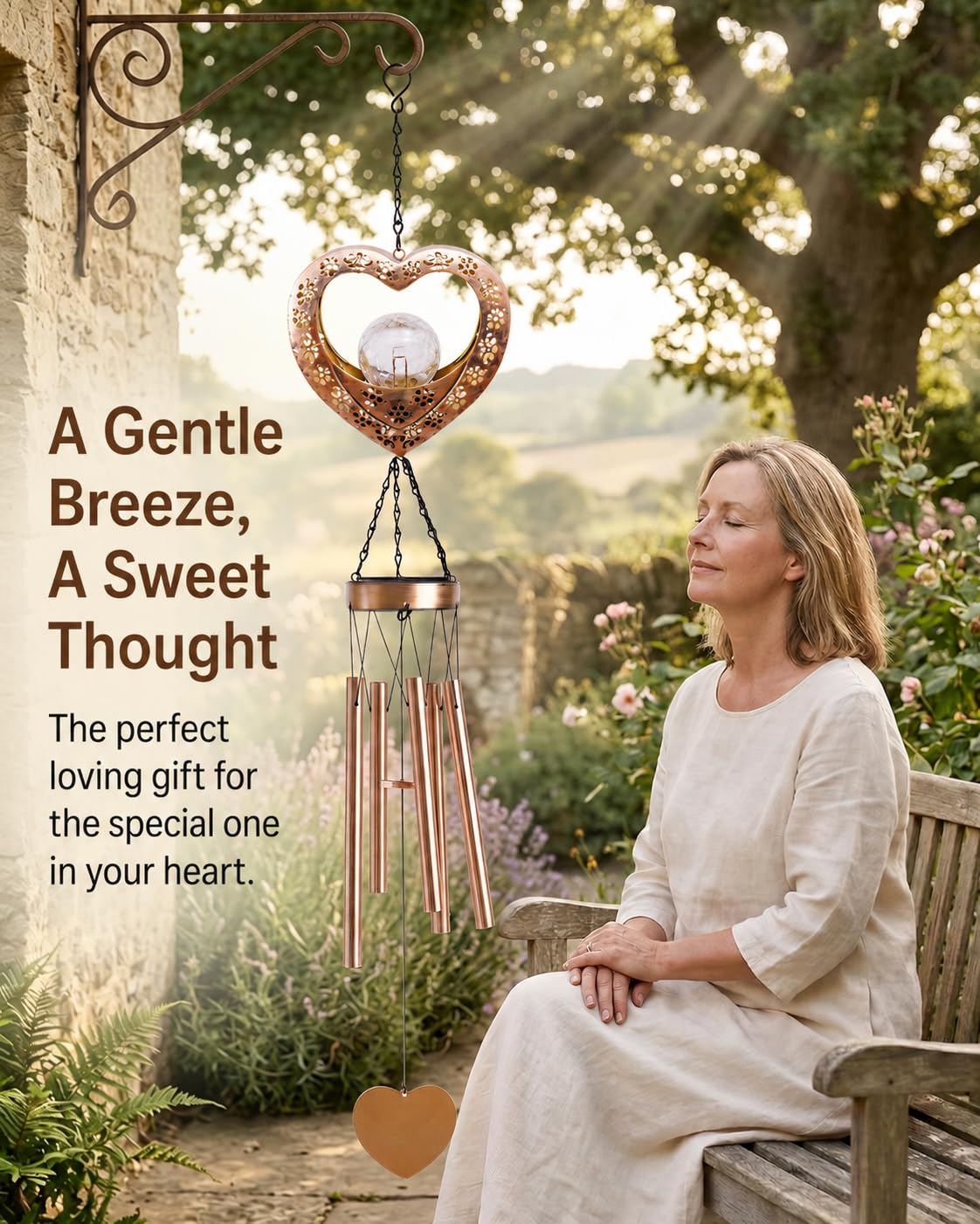 Nacome Solar Heart Wind Chimes for Outside: Weatherproof Metal Outdoor Decor Easy Hanging for Garden Patio Tree Window - Melodious Mother's Day Birthday Gifts for Mom Women Mom Grandma Her Wife