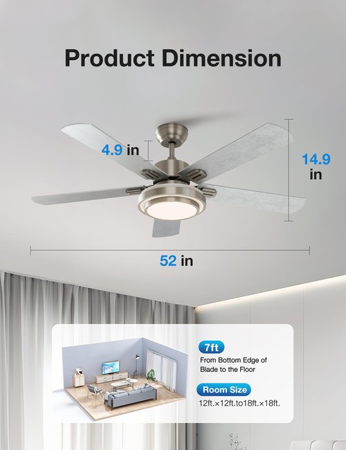 warmiplanet Ceiling Fan with Lights Remote Control, 52 Inch, Brushed Nickel (5-Blades)
