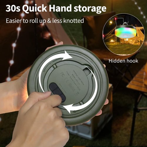 Camping String Lights, 4000mAh Rechargeable Outdoor String Lights with 13 Lighting Modes, Quick 30s Recovery, 32.8ft Retractable Camping Light for Tent, Garden, Travel Decoration