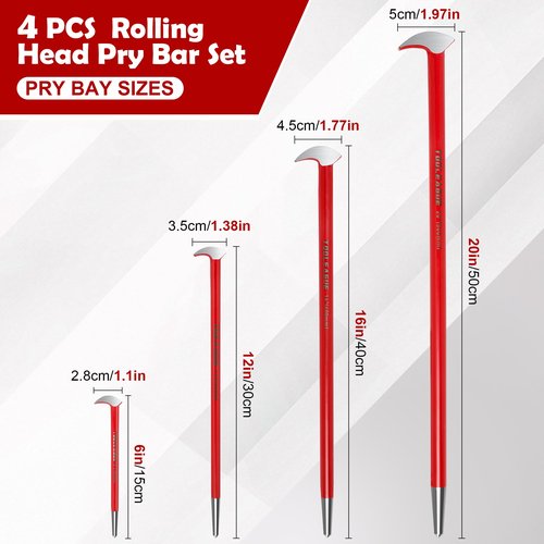 TOOLEAGUE 4Pcs Rolling Head Pry Bar Set,6",12",16",20" Heavy Duty Pry Bars Hand Tool for Garages,Machinery Aligning & Prying, Red