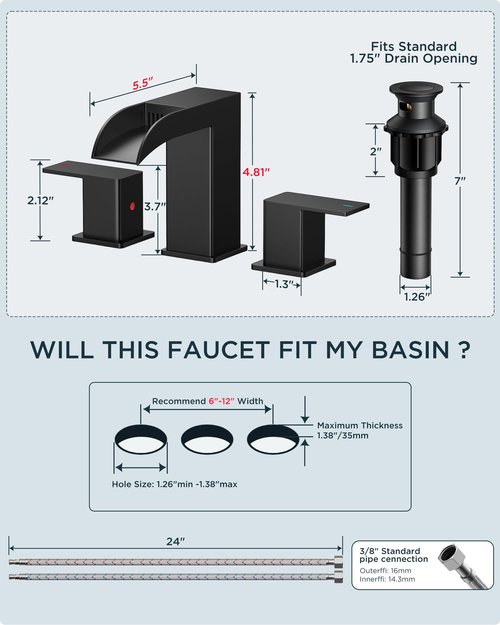 FORIOUS Square Matte Black Waterfall Commercial Bathroom Faucets 3 Hole, 8 Inch Widespread Bathroom Sink Faucet with Metal Pop-up Drain and Supply Lines, Two Handles for Vanity, Lavatory, Restroom