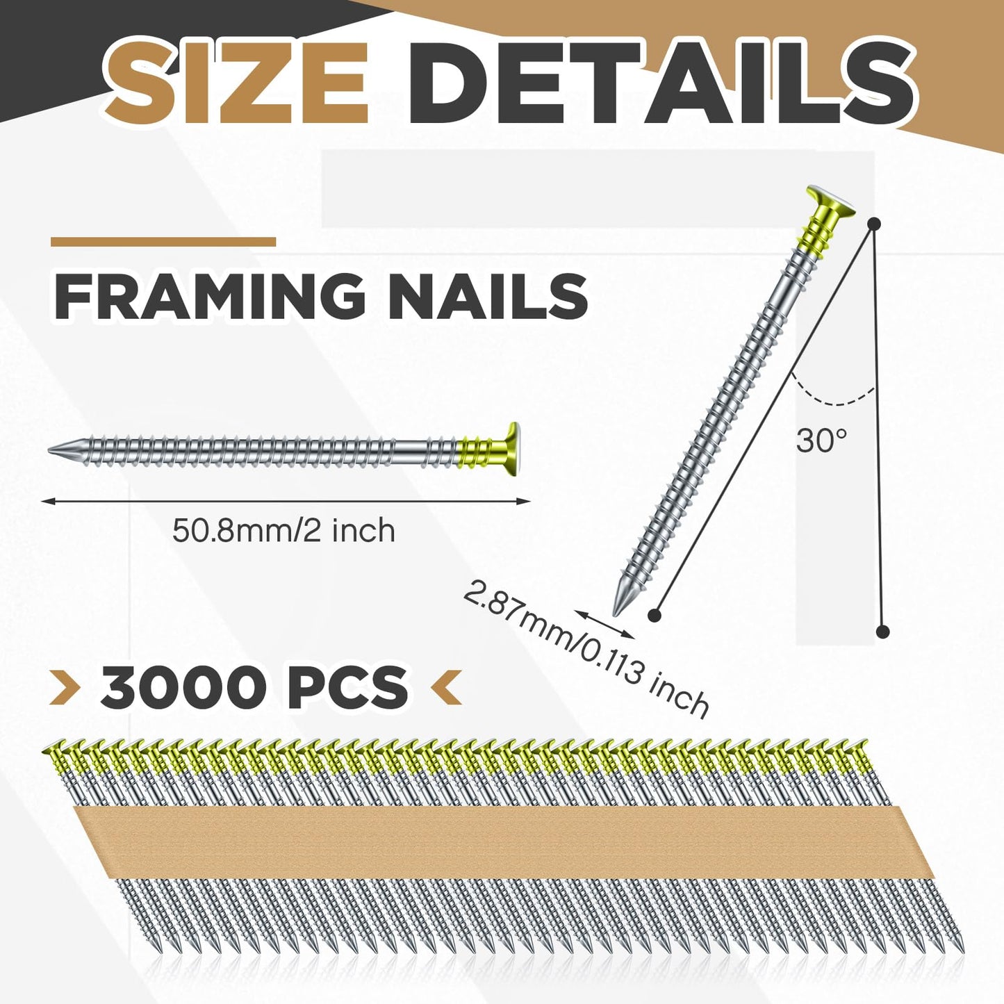 Yaocom Framing Nails, 30 Degree, Offset Round Head, Galvanized, 30 Degree Collated Framing Nails for Most 30-34 Degree, Paper Tape Collated Framing Nails, 2" x 0.113", 3000 Count