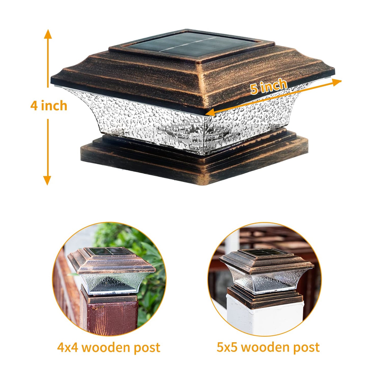 HUYIENO Solar Post Cap Lights Outdoor LED Lighting Deck Fence Light Two Modes Warm White/7 RGB Color Changing Suitable for 4x4 5x5 Wooden Posts (Brushed Copper, 8pk), HY1238