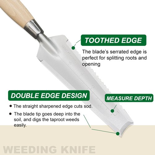 SUMIO 13.3" Alloy Steel Weeding Transplanter, Hori Hori Knife, Digging Trowel with Serrated Edge, Garden Root Cutter, and Dandelion Trowel for Propagation and Transplanting